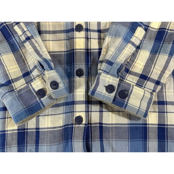 L.L. Bean Blue Plaid Hoodie Button-Up Flannel Shacket Women Size L Jacket Shirt - Picture 2 of 8
